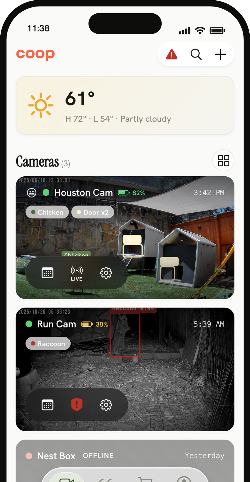 Coop app home screen showing every camera, battery level, and coop-door status