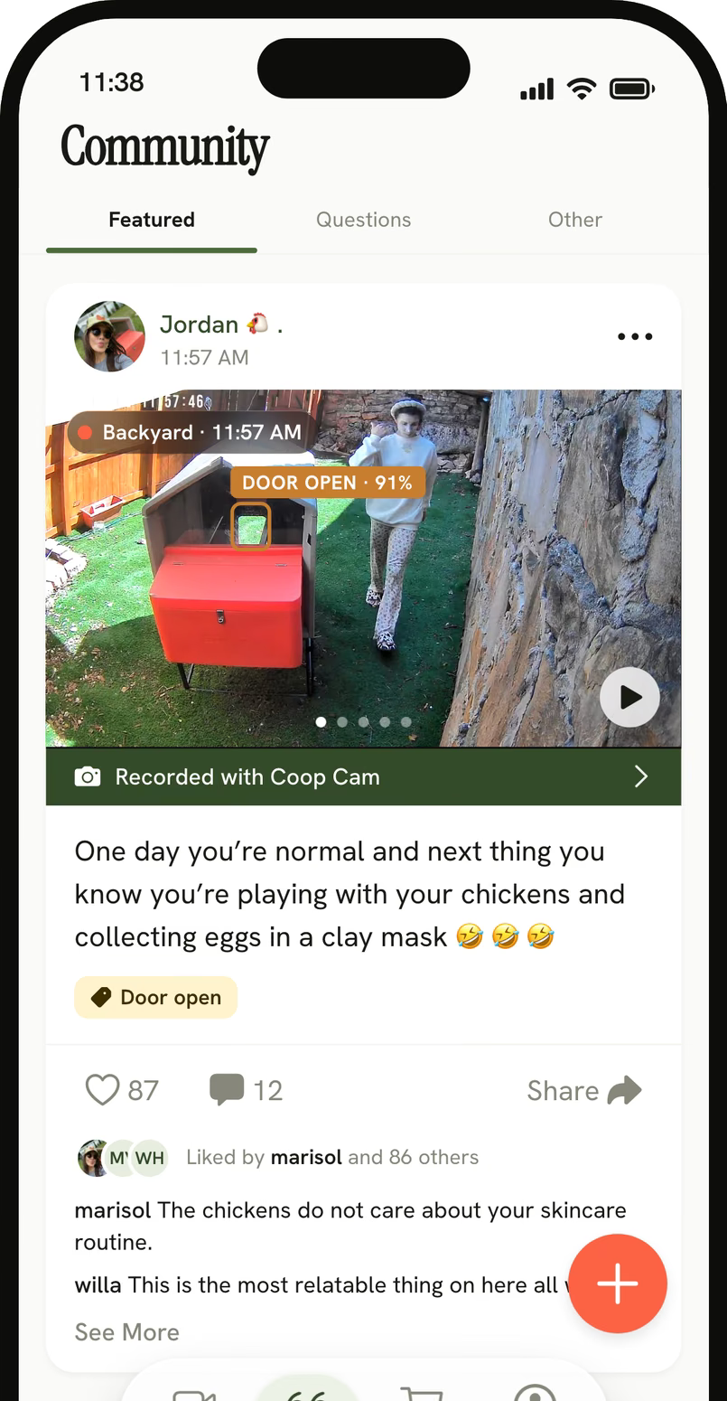 Coop app community feed with a recorded Coop Cam moment