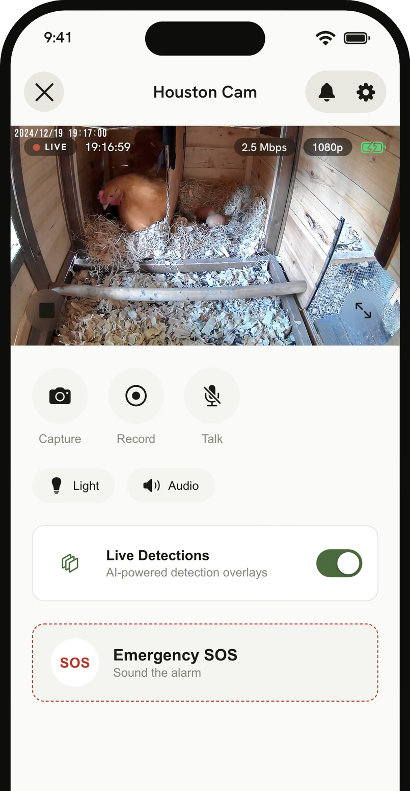 Coop app live camera view with capture, record, talk, and live detection controls